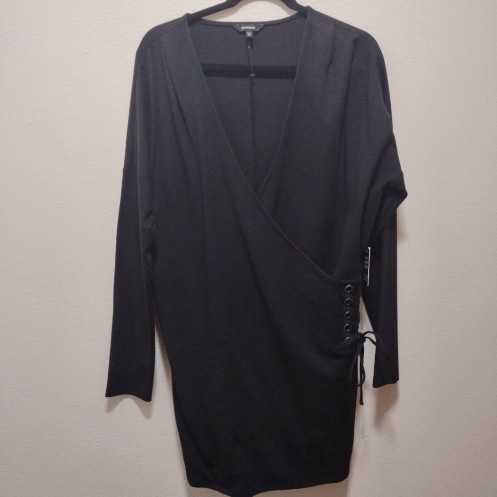 Express Black Long Sleeve Plunge Neck Lace Up Side Dress NEW M